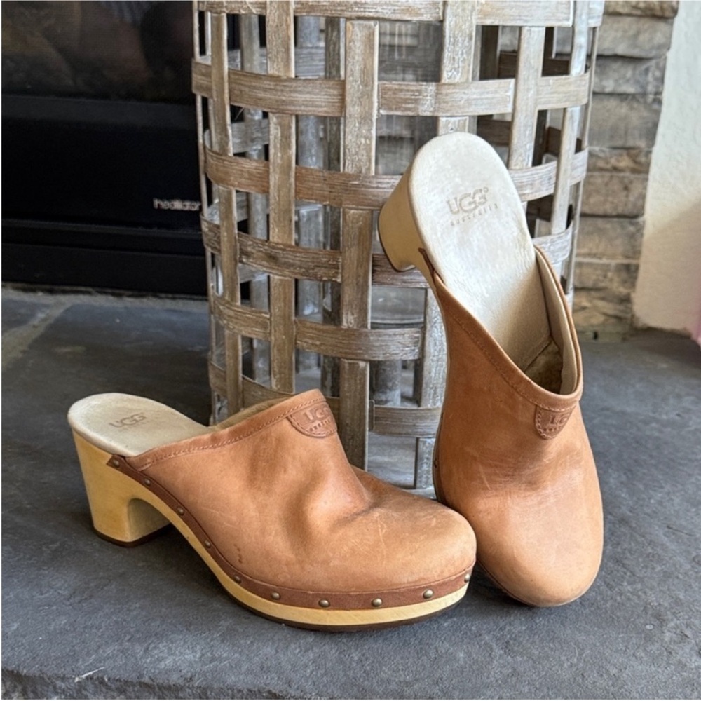 UGG Brown Leather Mules with Wooden Sole